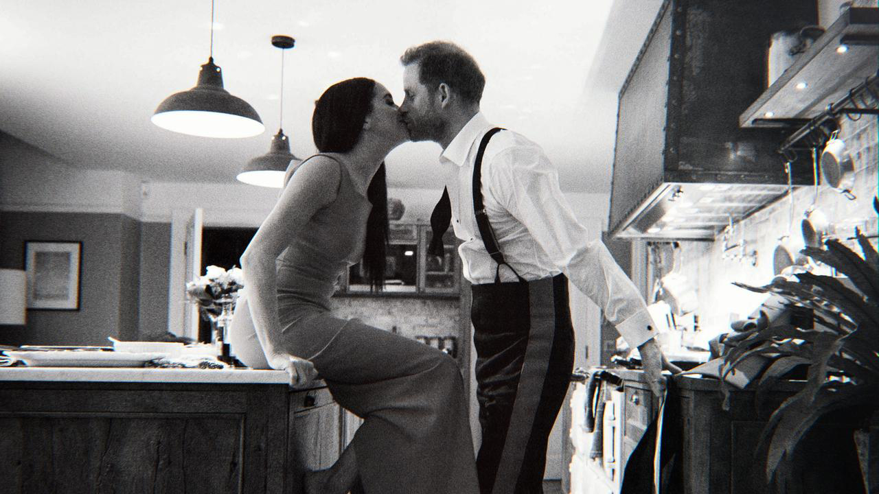 Prince Harry and Meghan Markle in a scene in their kitchen from Harry and Meghan. Photo / Netflix