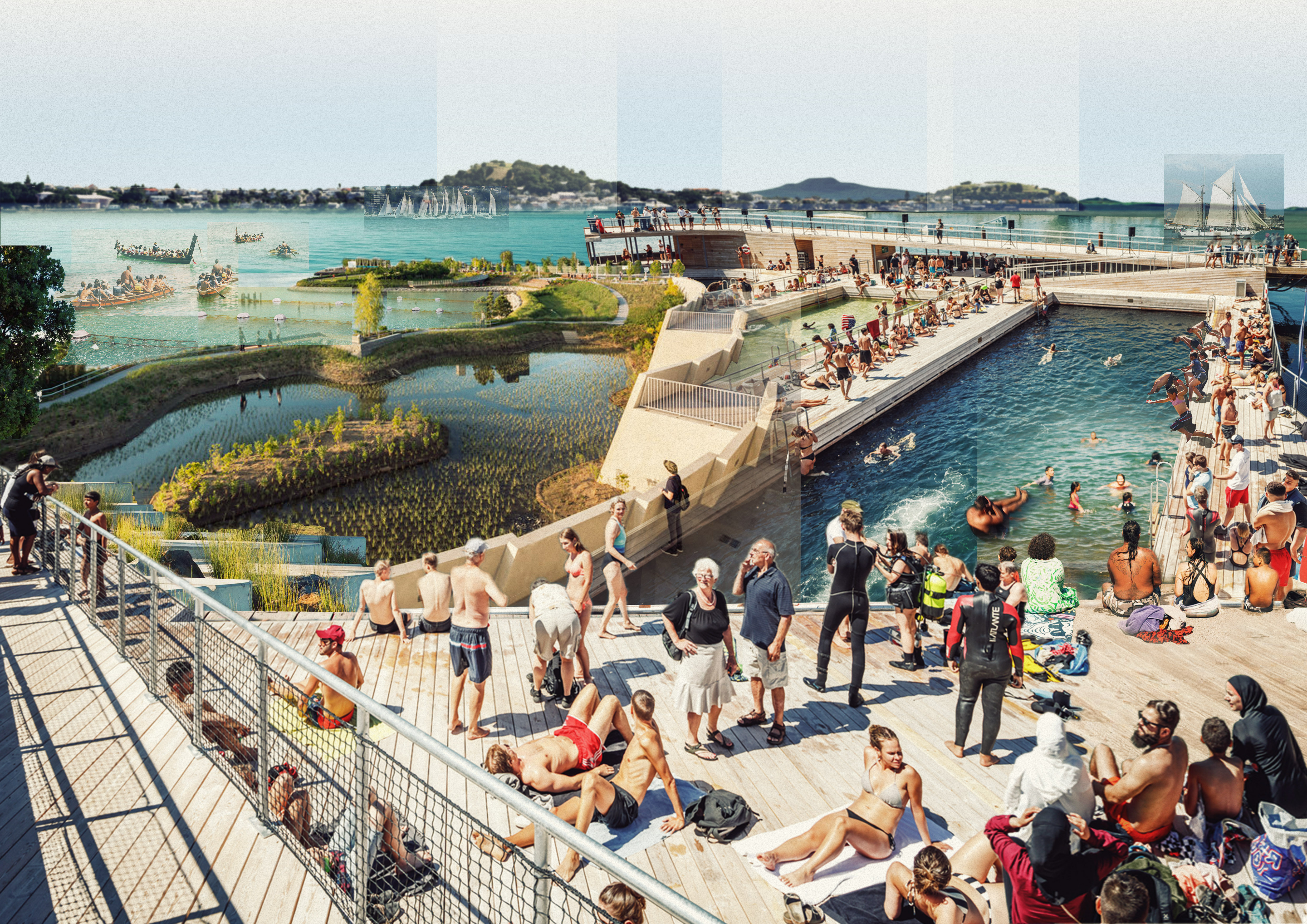 A seawater pool, inspired by the Aarhus Harbour Bath in Denmark, is one of the new features for the Auckland waterfront being promoted by Mayor Wayne Brown. Image / Nick McKay, Eke Panuku