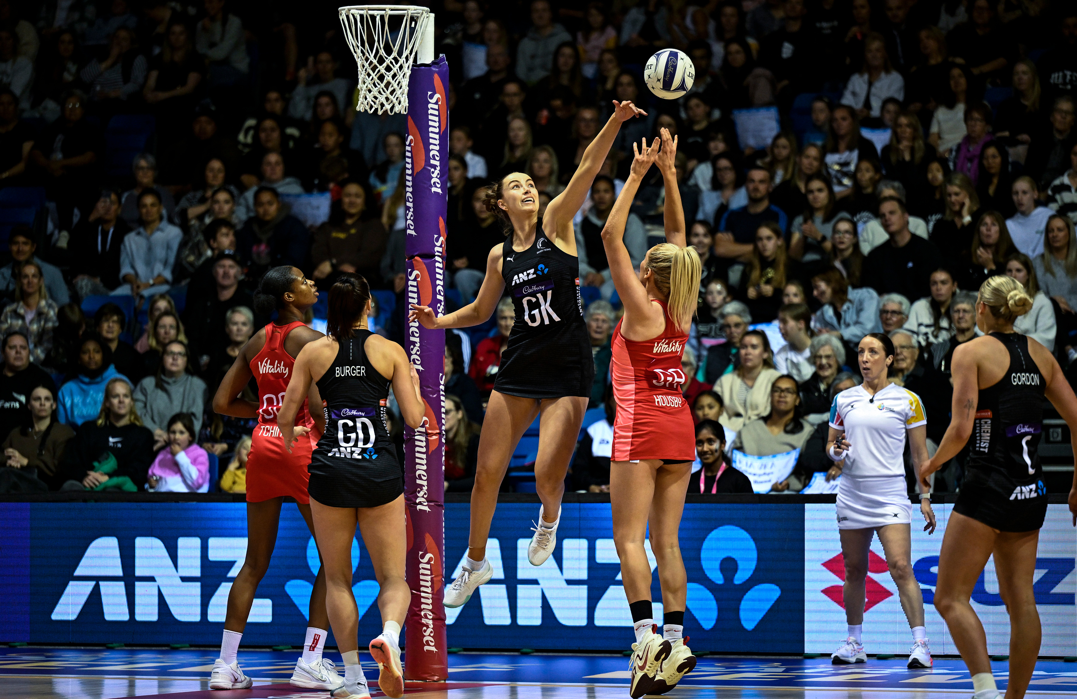Kelly Jackson leads the defence for the Silver Ferns against England. Photo / Photosport