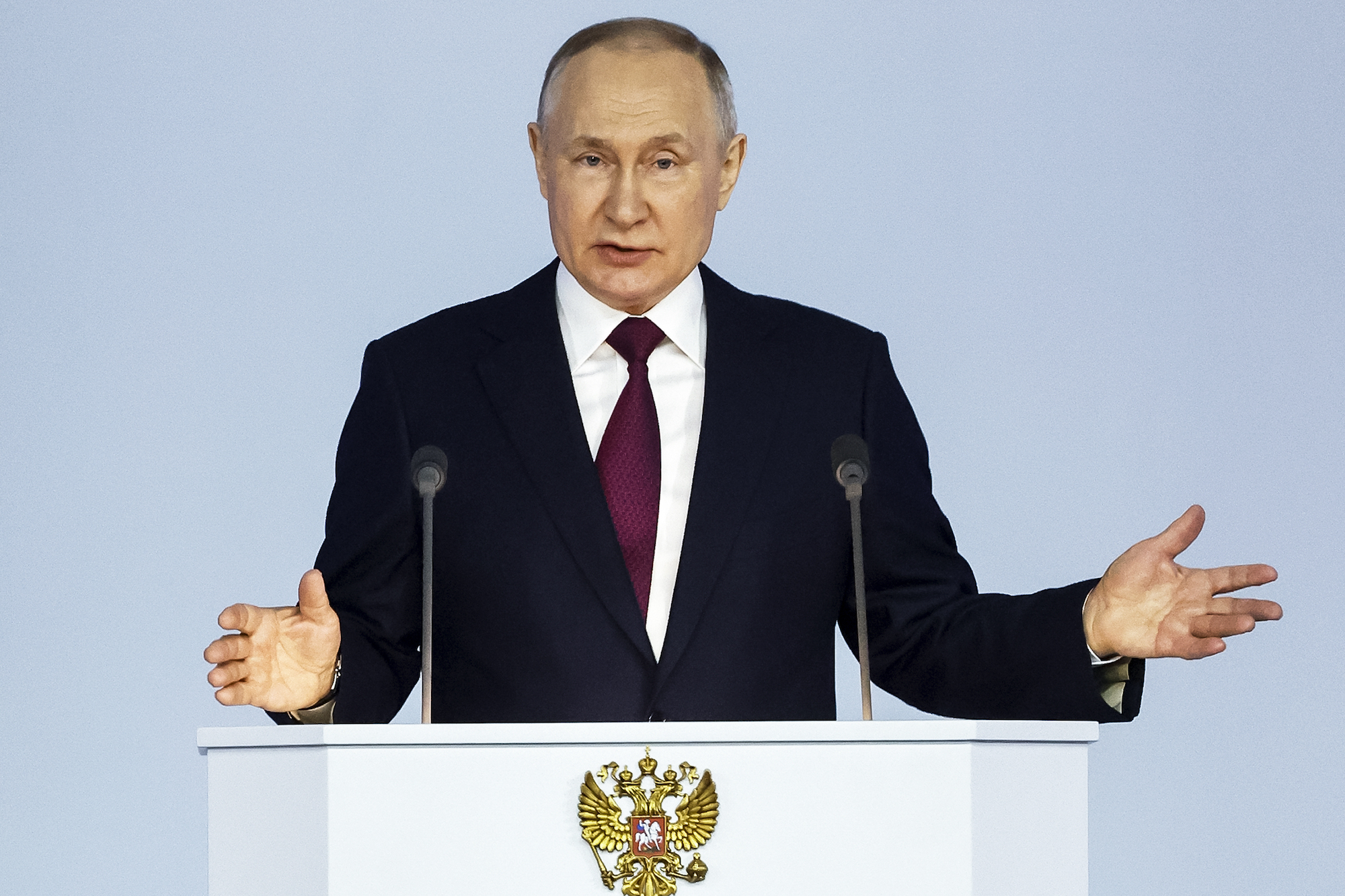Russian President Vladimir Putin gestures as he gives his annual state of the nation address in Moscow. Photo / AP