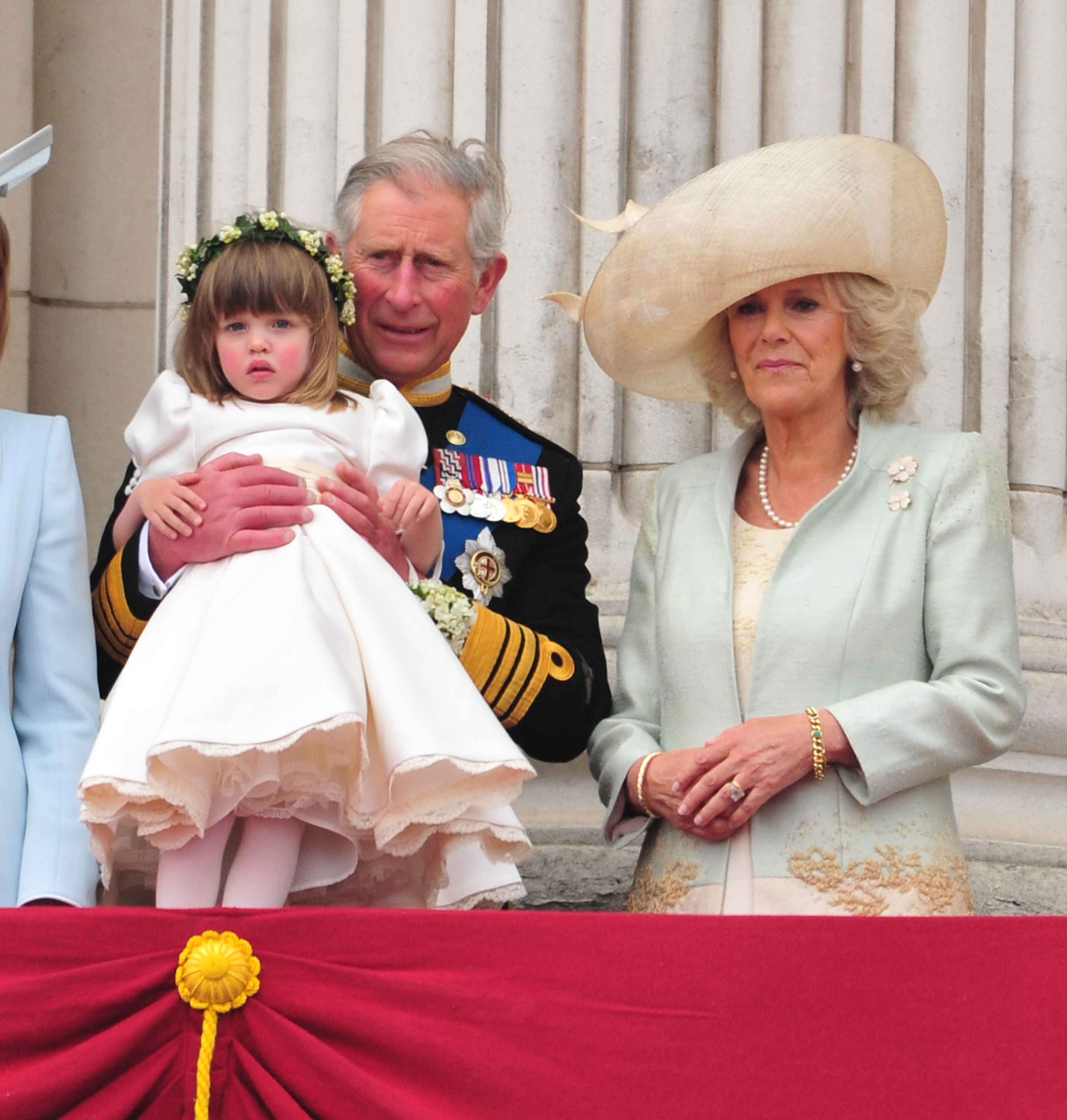 Queen Camilla, her granddaughter Eliza Lopes, and King Charles on the Buckingham Palace balcony. Photo / Getty Images