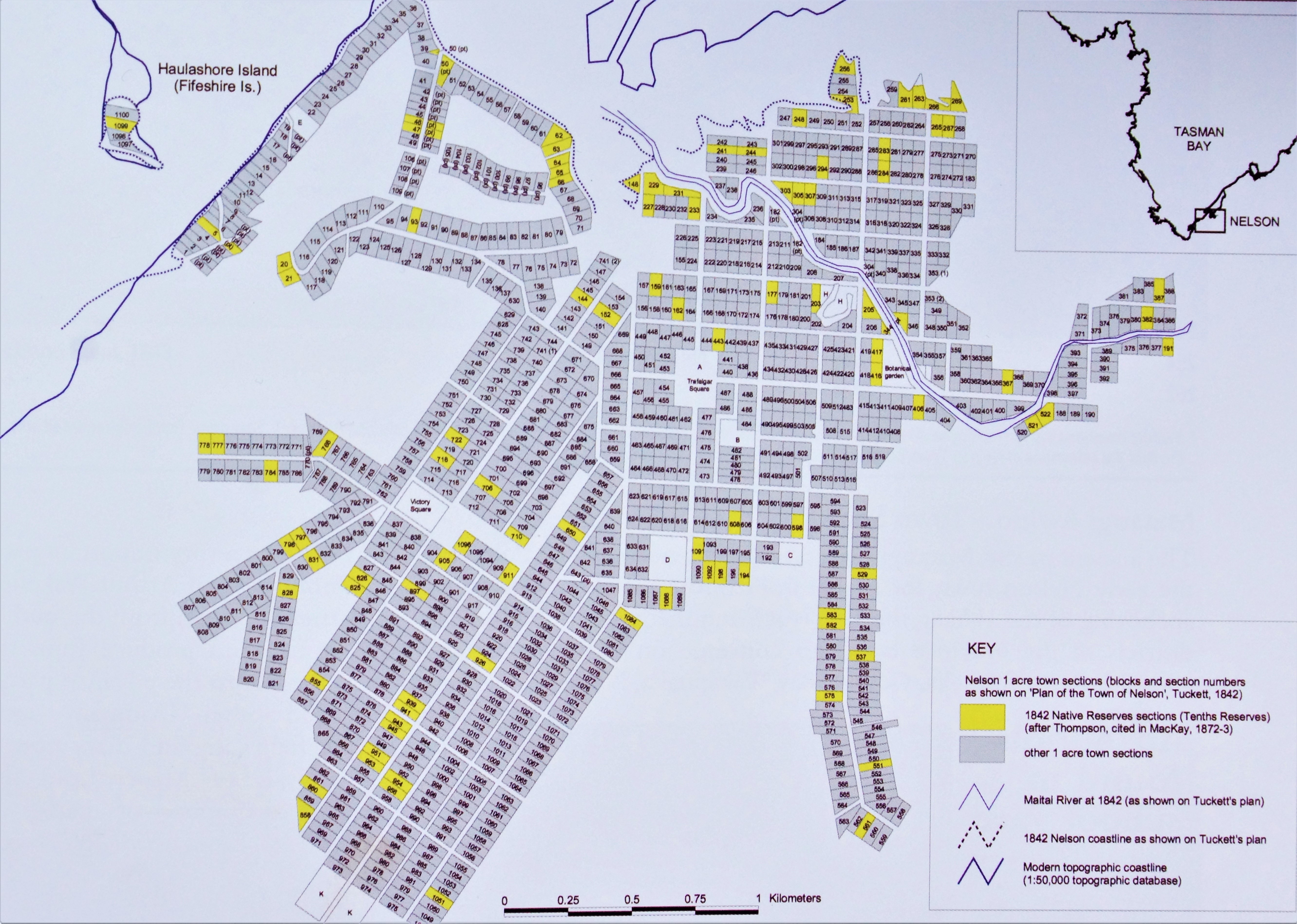 Plan of the town of Nelson showing the 1100 one-acre NZ Company town sections. The 100 Tenths Reserves sections selected in 1842 (adapted from Tuckett 1842) are coloured yellow. Image / Hilary and John Mitchell (from Volume 1 Te Tau Ihu o Te Waka; a history of Maori of Nelson and Marlborough).