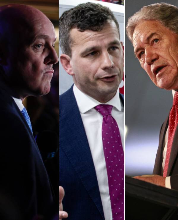 Christopher Luxon (left), Act leader David Seymour and New Zealand First leader Winston Peters. The question: will it be a two-way or three-way deal? Photos / NZME