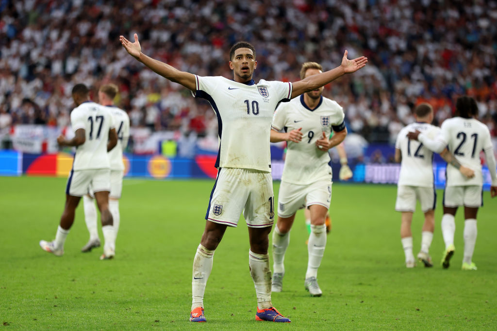 Jude Bellingham of England celebrates scoring a late equaliser against Slovakia. Photo / Getty Images