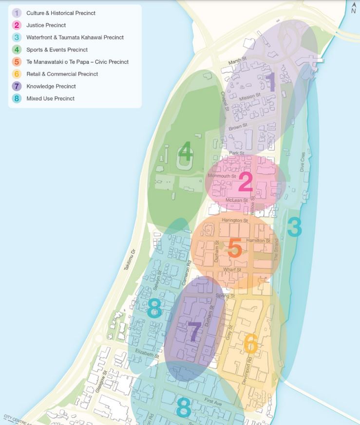 Plans for Tauranga's CBD include eight precincts. Image / TCC
