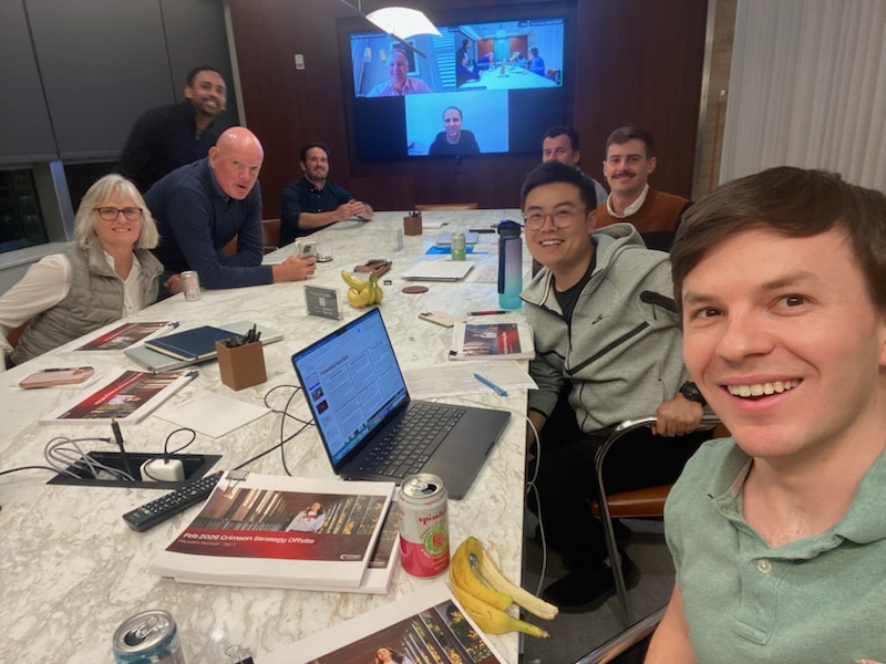 Avoiding banana skins: CEO Jamie Beaton – pictured hosting a team meeting – says the new directors position Crimson for its next stage of growth. Sir John Key is on the screen rear left, Sundeep Jain is on the bottom screen. Co-founder Fangszhou Jiang sits to Beaton's right.