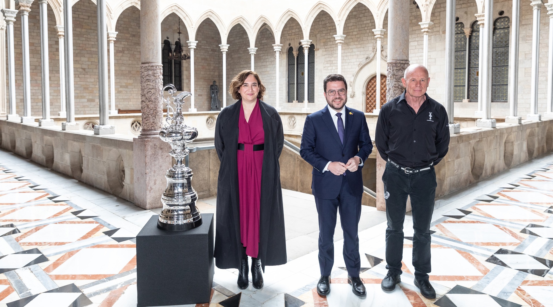 Ada Colau (Mayor of Barcelona), Pere Aragonés (President of the Government of Catalonia) and Grant Dalton (CEO of Team New Zealand) after the America's Cup hosting announcement. Photo / Photosport