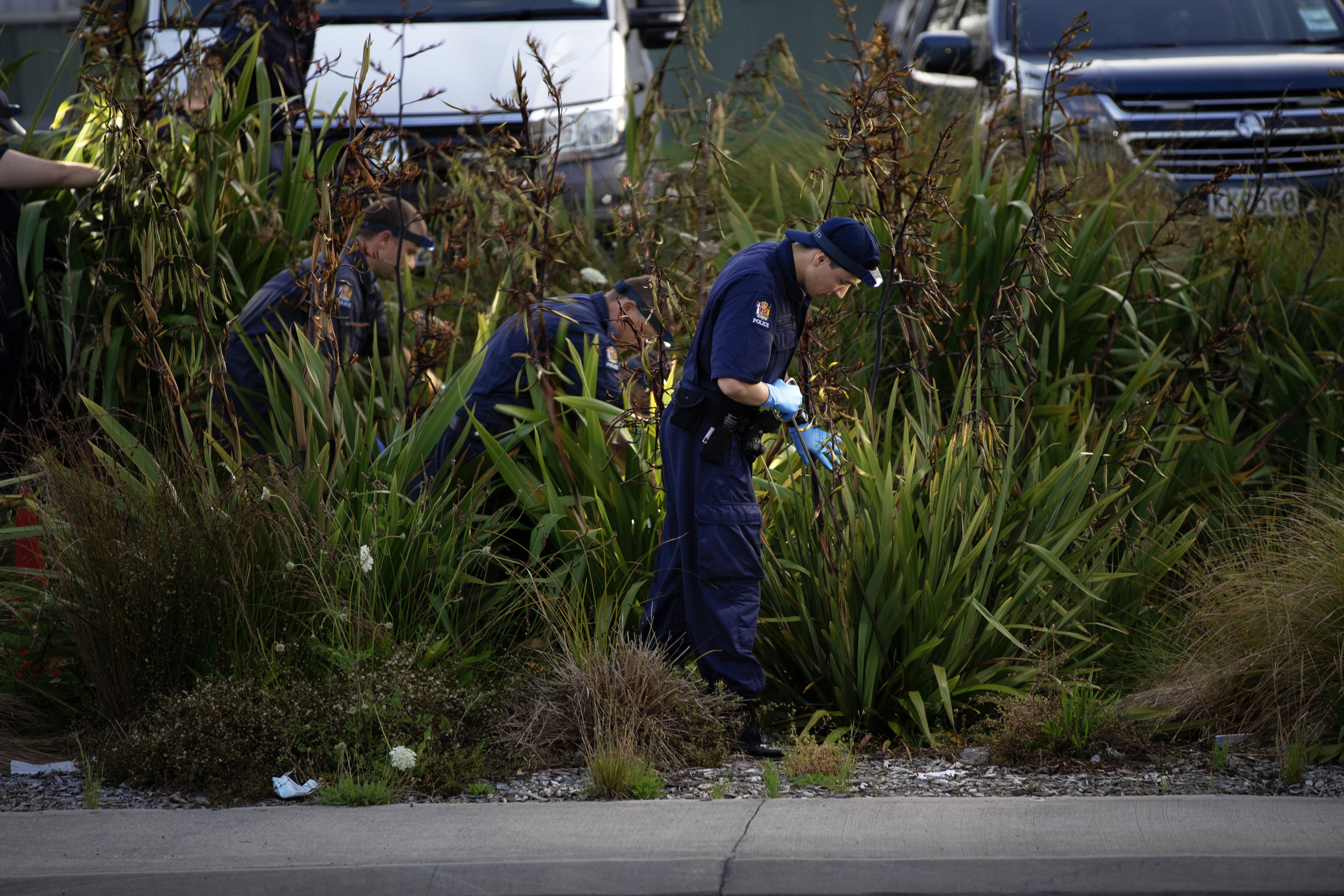 Police search bushes near Waitakere Badminton Centre in Massey after the woman's death. Photo / Hayden Woodward