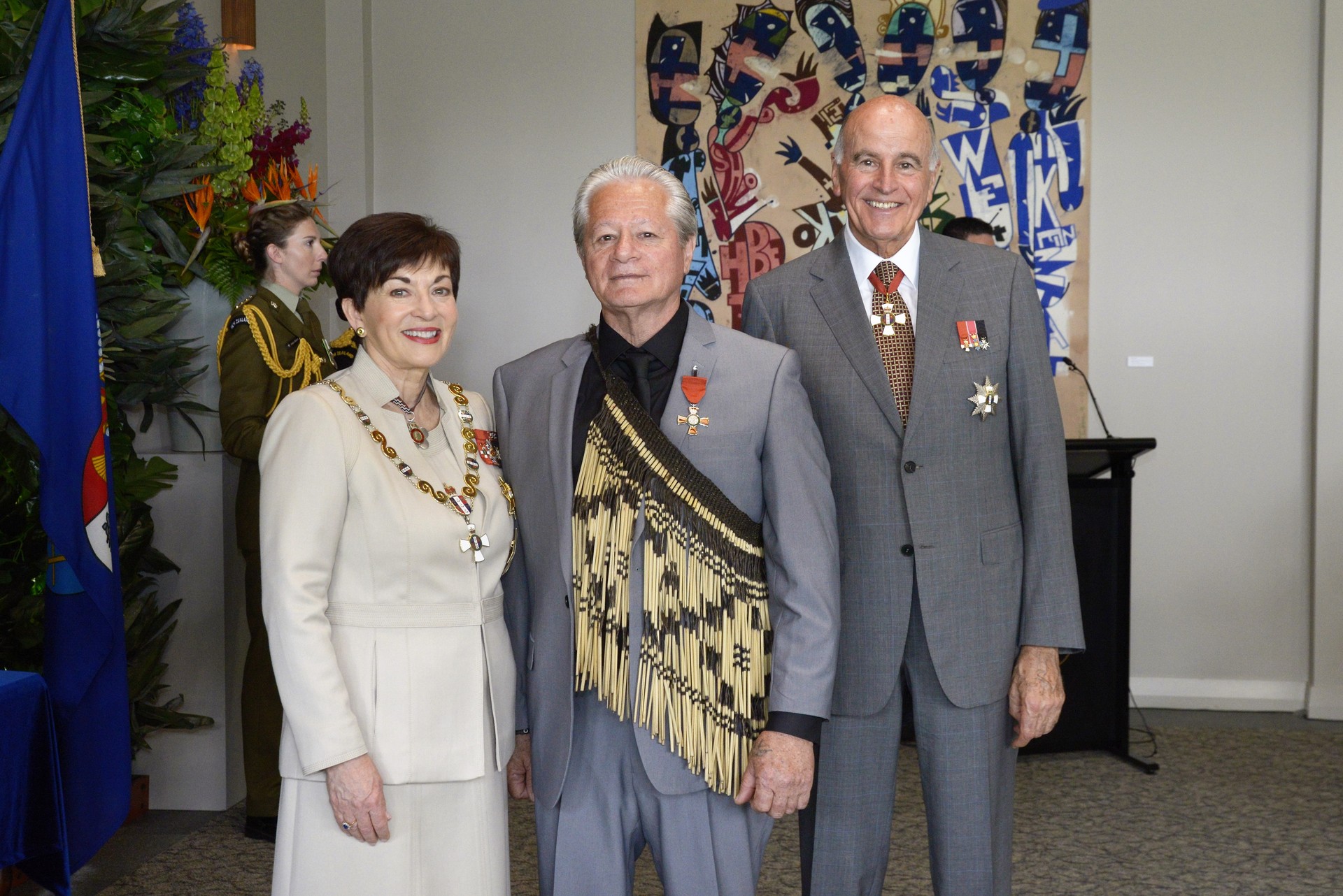 Millan Ruka (MNZM) with Governor General Patsy Reddy and her husband Sir David Gascoigne.