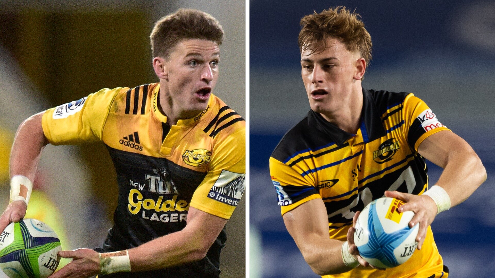 Beauden Barrett (left) guided the Hurricanes to Super Rugby glory in 2016. Now, Ruben Love is hoping to follow suit in the No 10 jersey, more than a decade later. Photos / Photosport