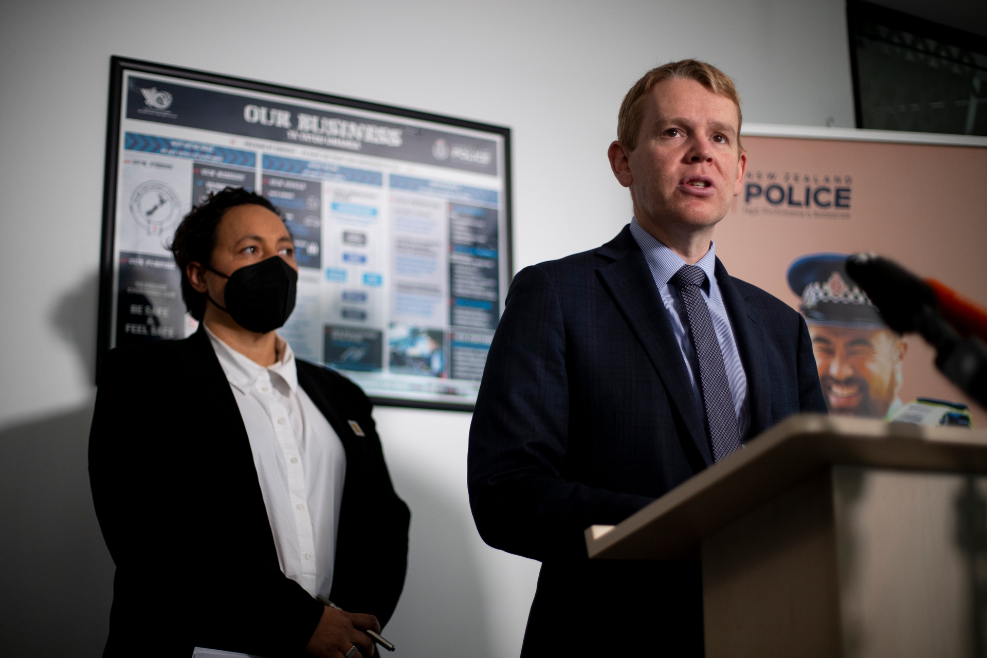 Ministers Chris Hipkins and Kiri Allan during a press conference to announce a suite of measures to help Police tackle gangs and intimidating behaviour. Photo / Dean Purcell