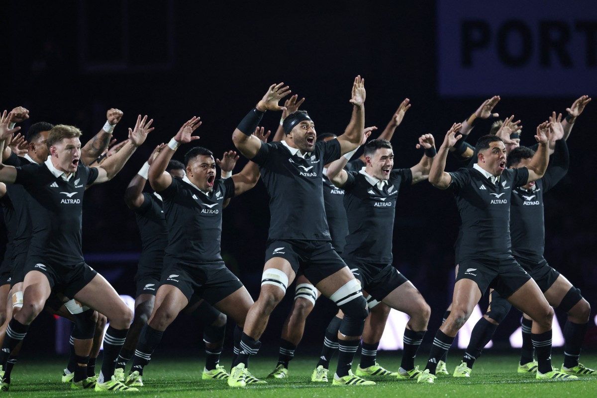 The All Blacks perform the haka before the third test against France at Hamilton's FMG Stadium. Photo / AFP