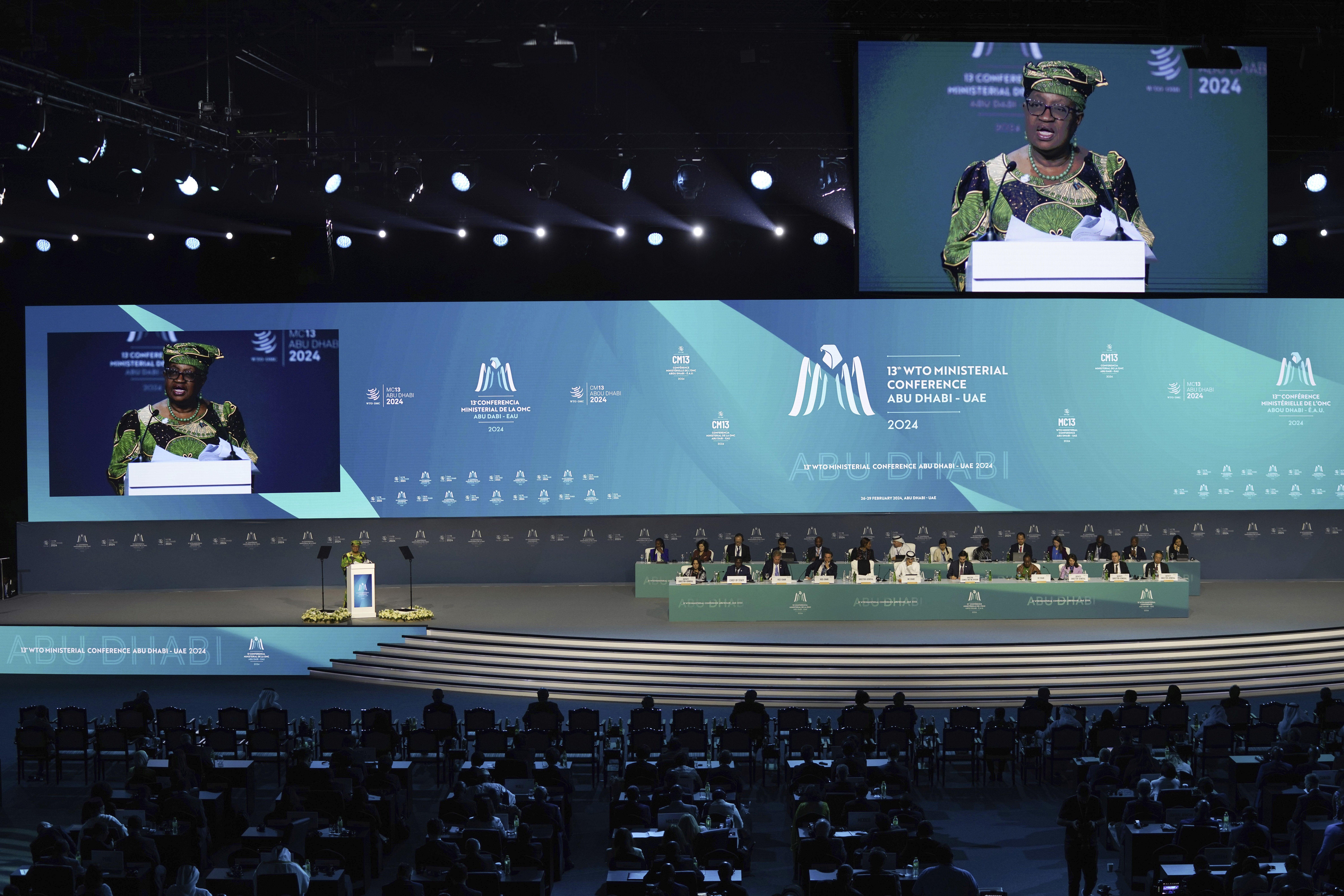 World Trade Organisation director-general Ngozi Okonjo-Iweala speaks at the WTO summit in Abu Dhabi. Photo / AP�