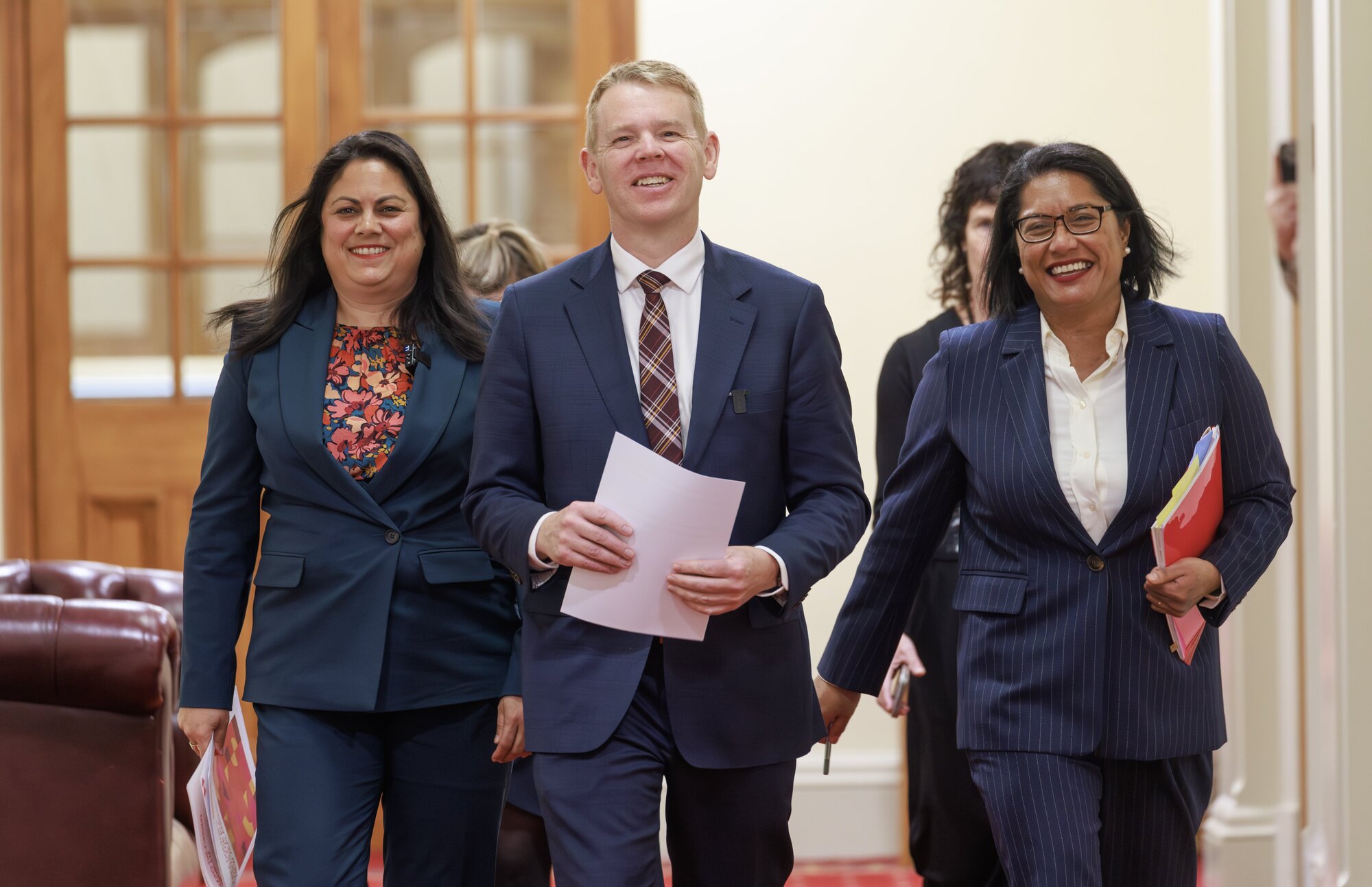 Labour leader Chris Hipkins, flanked by health spokesperson Ayesha Verrall and finance and economy spokesperson Barbara Edmonds. Photo / Mark Mitchell