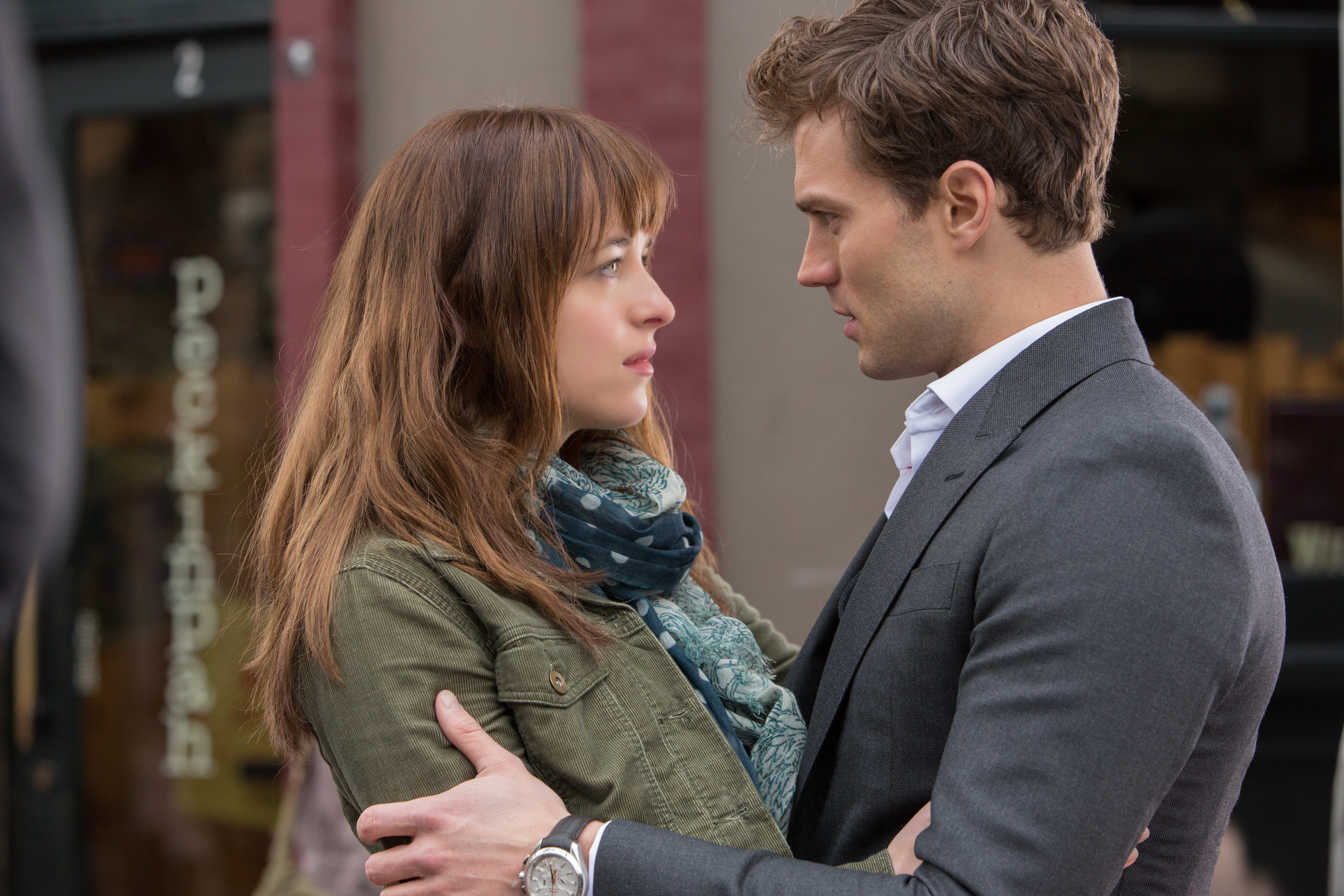 Dakota Johnson and Jamie Dornan in a scene from Fifty Shades of Grey.