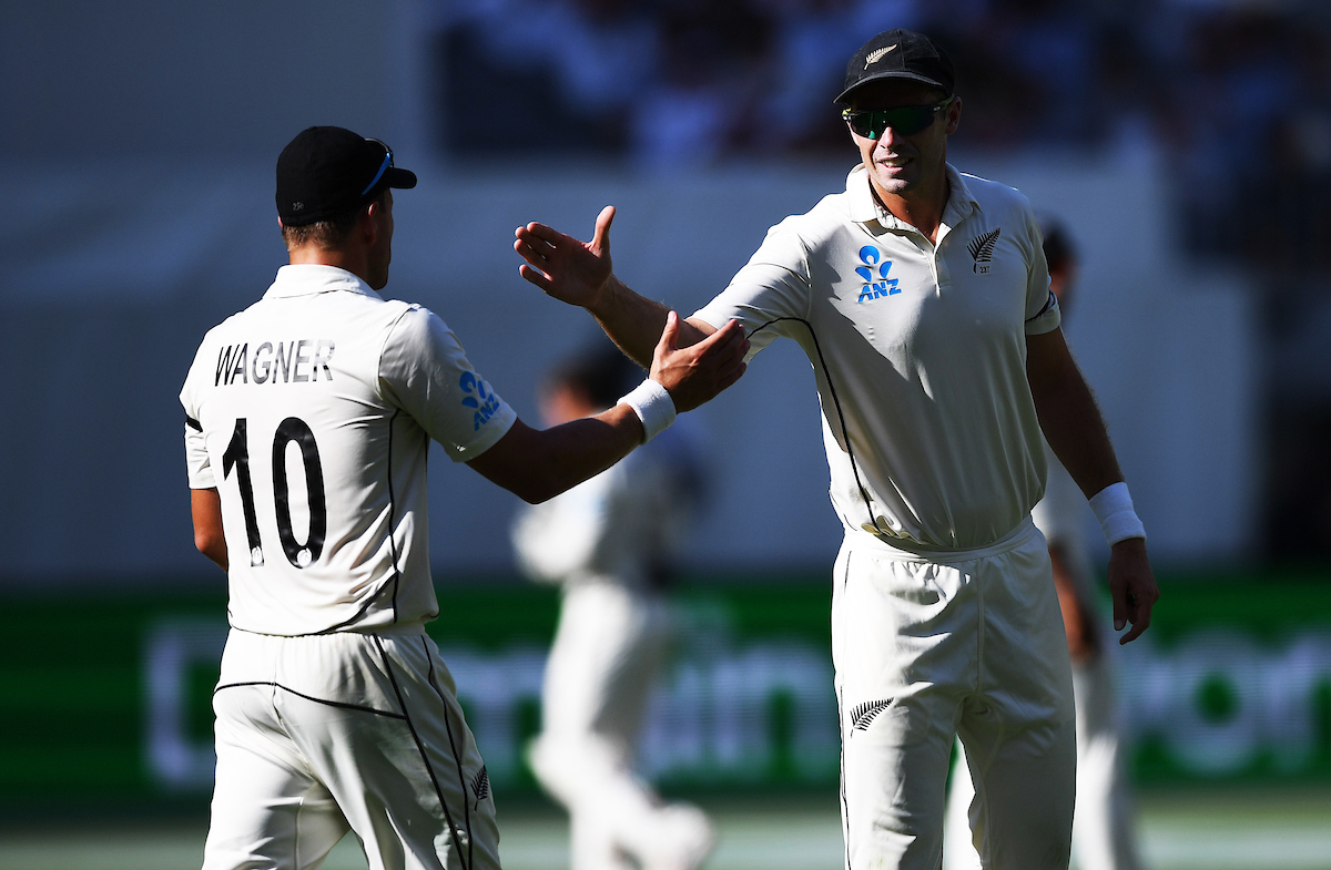 Neil Wagner and Tim Southee celebrate during the side's recent test series in Australia. Photosport