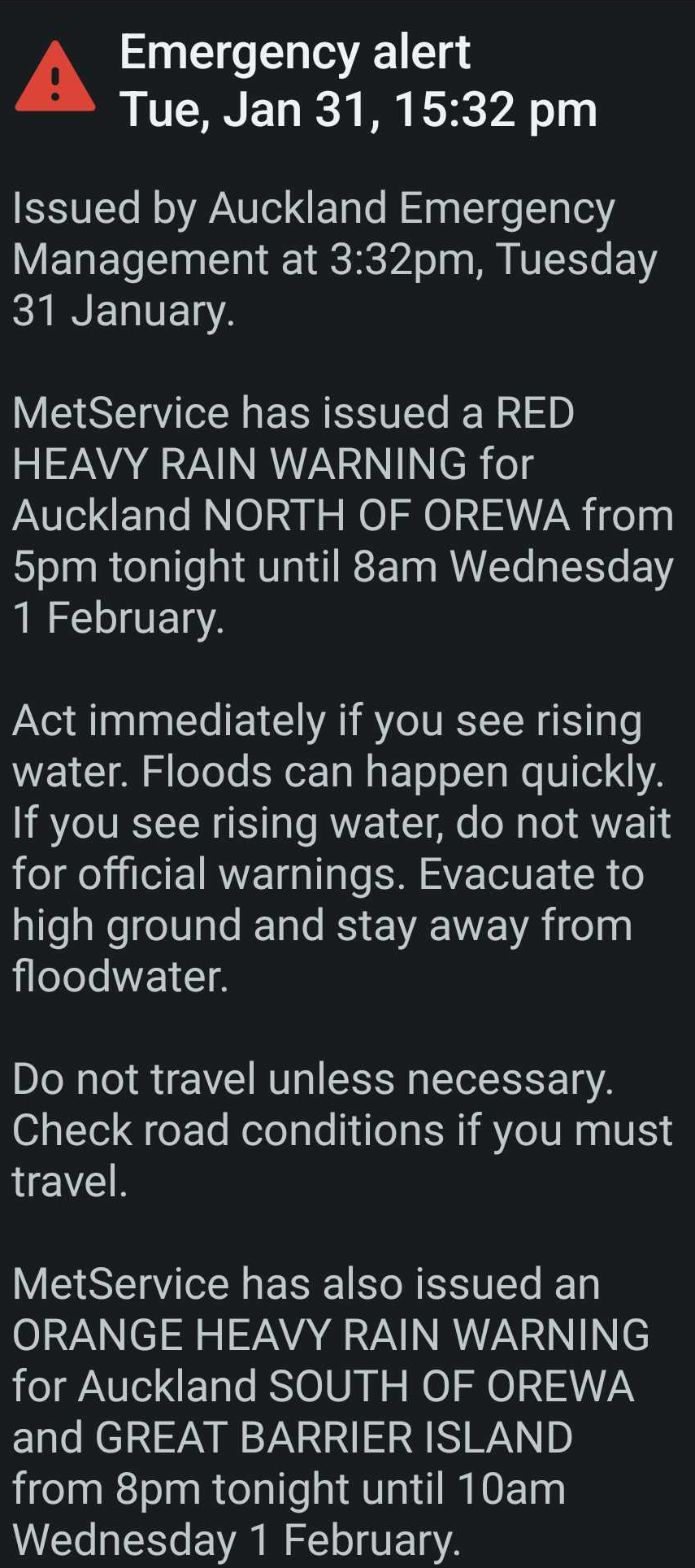 Aucklanders were sent an emergency mobile phone alert ahead of the forecasted second deluge this evening, January 31, 2023.
