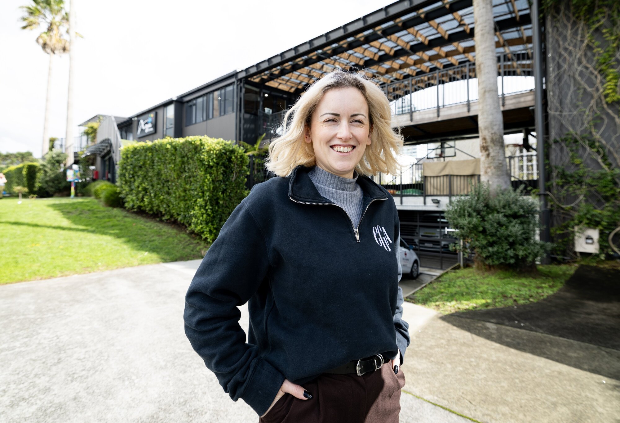 Crimson Academies chief executive Penelope Barton - pictured in front of AGE School in Takapuna this morning- says her firm's shift to a hybrid model will allow students to mix-and-match online and face-to-face learning. Photo / Dean Purcell