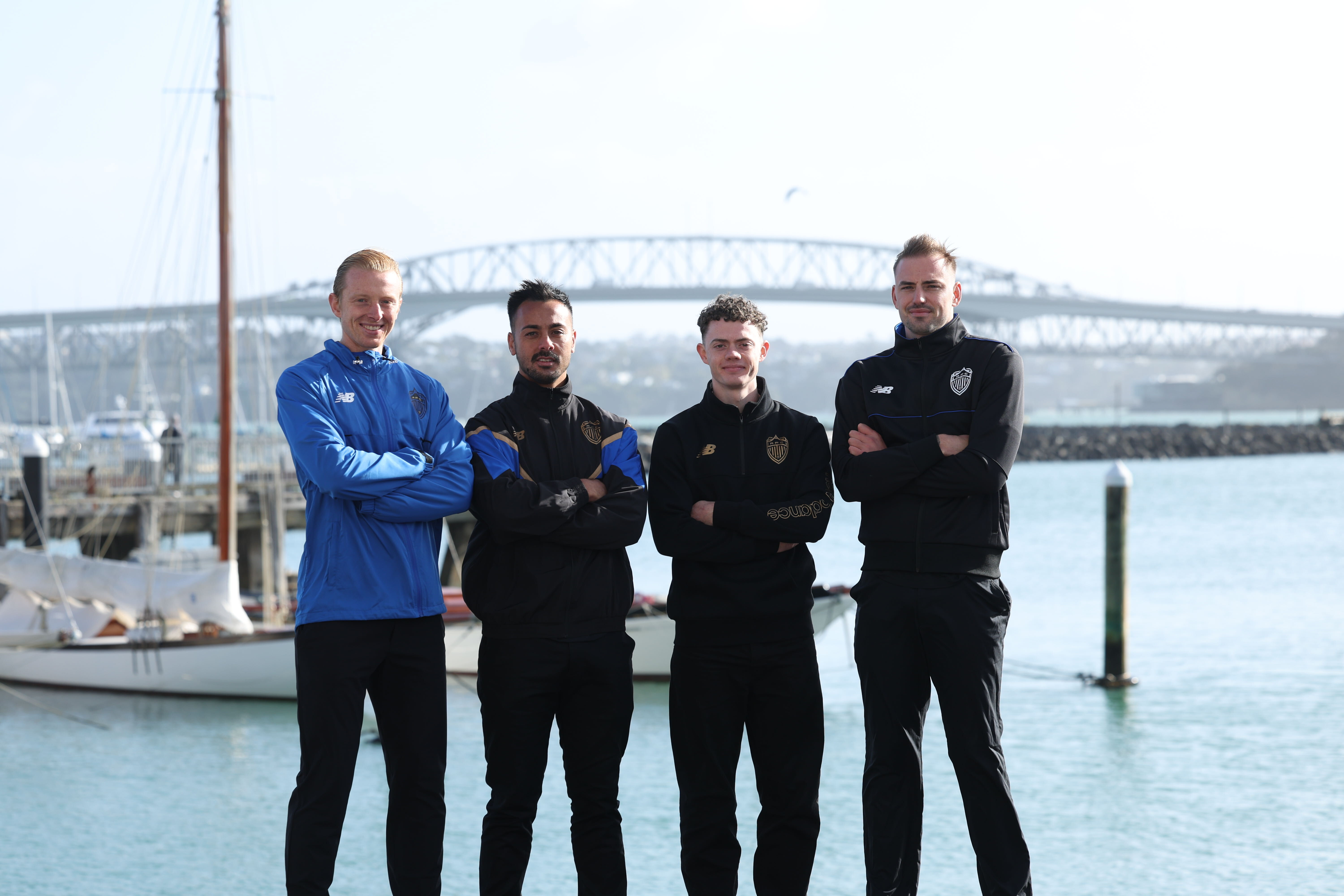 Francis De Vries (left), Cameron Howieson, Jesse Randall and Michael Woud were Auckland FC's first signings. Photo / NZME
