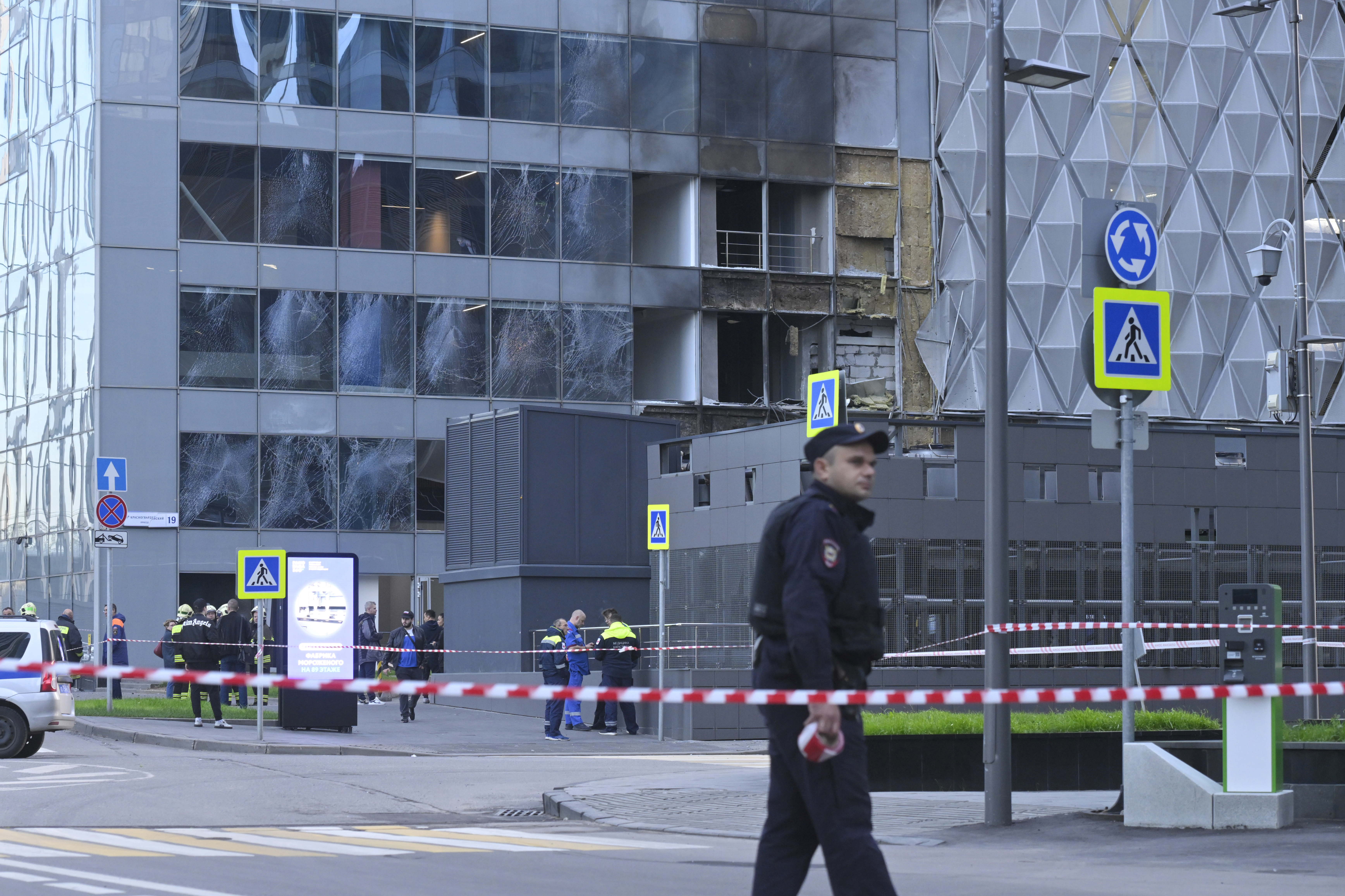 A damaged building in Moscow's CBD  after a reported drone attack on Sunday. Photo / AP