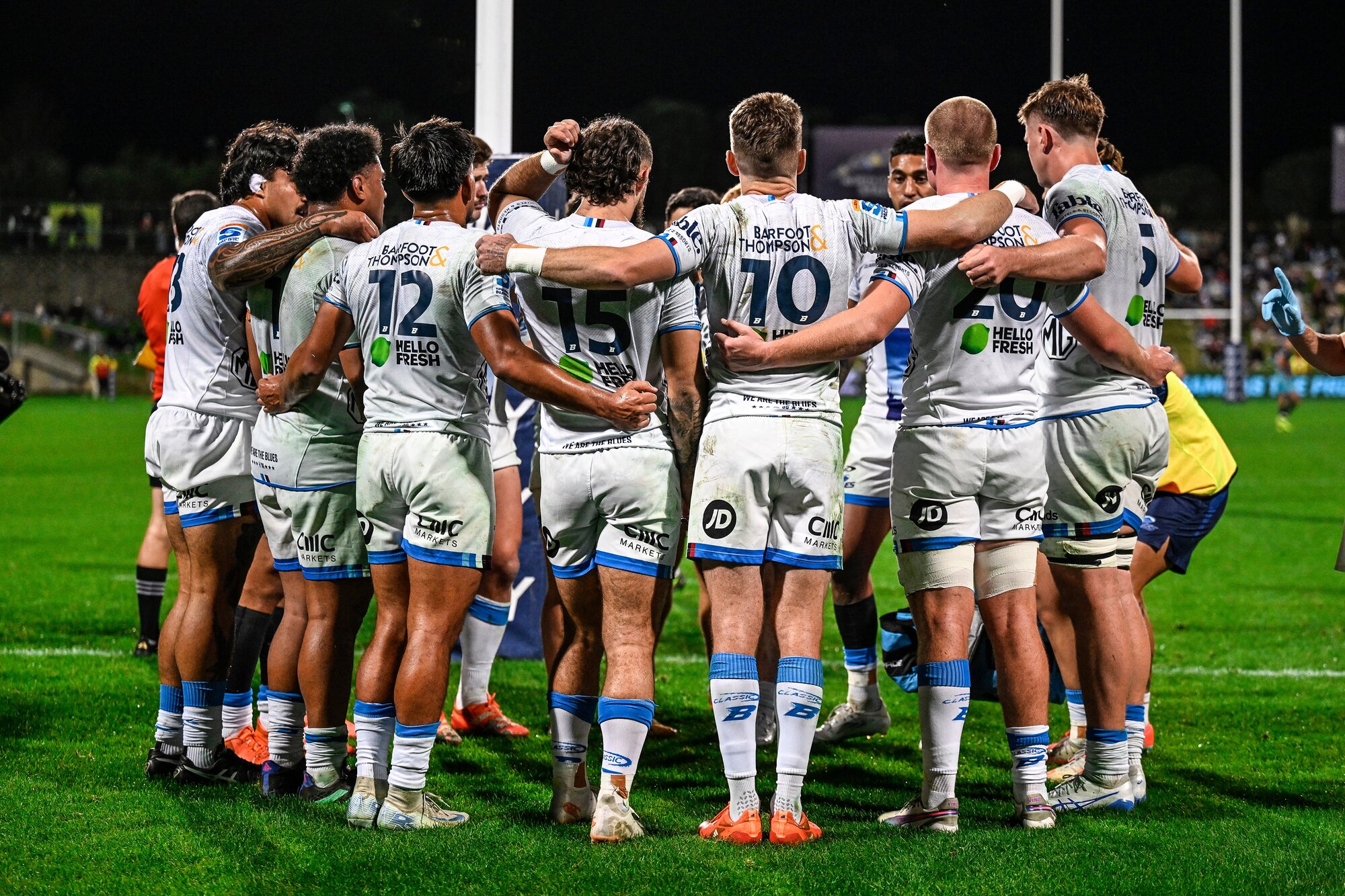 The Blues put their heads together during Saturday's defeat to Moana Pasifika. Photo / Photosport