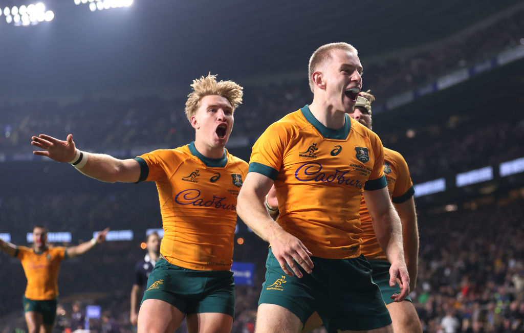Max Jorgensen celebrates scoring the winning try for Australia against England. Photo / Getty Images
