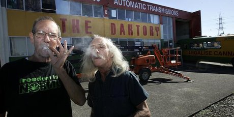 Dakta Green and Brian Borland outside the Daktory in New Lynn, which was raided in 2010. Photo / NZ Herald