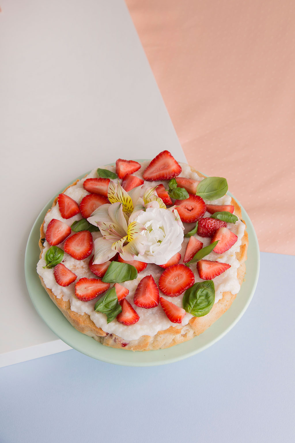 The Caker's vegan coconut, strawberry and basil cake. Picture / Sally Greer.