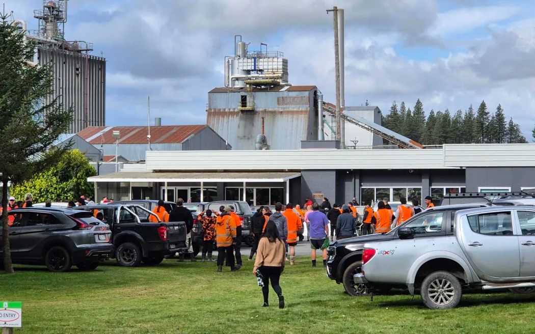 Workers heading into the Winstone Pulp International meeting after the closure of two of its mills in the Ruapehu District.              Photo / Alexa Cook, RNZ