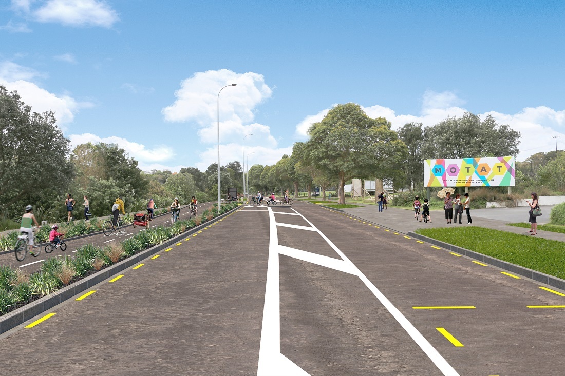 An artist's impression of the $35m cycleway along Meola Rd with a two-directional cycleway on the northern side. Photo / Auckland Transport