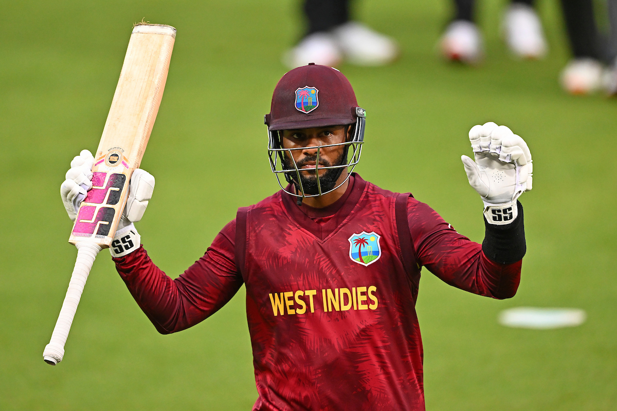 West Indies captain Shai Hope celebrates his century against the Black Caps in Napier. Photo / Photosport