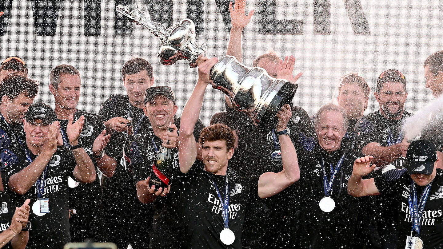 Team New Zealand's Peter Burling celebrates winning the 36th America's Cup in Auckland. Photo / Photosport