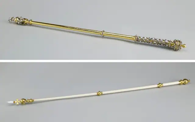 The Queen Consort’s Sceptre with Cross and the Queen Consort’s Rod with Dove. Photo / Royal Collection Trust