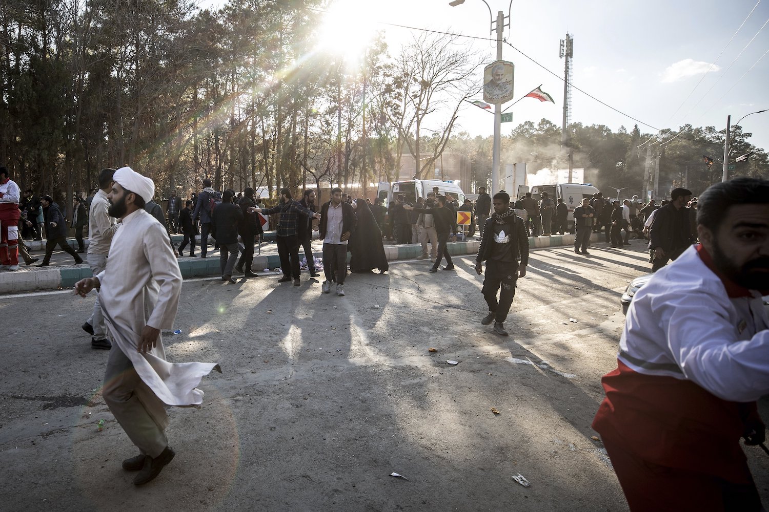 People are seen after an explosion in Kerman, Iran, at an event honouring a prominent Iranian general slain in a US airstrike in 2020. Photo / AP
