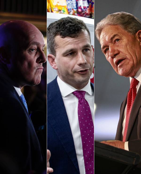 National leader Christopher Luxon, Act leader David Seymour and New Zealand First leader Winston Peters. Photos / NZME