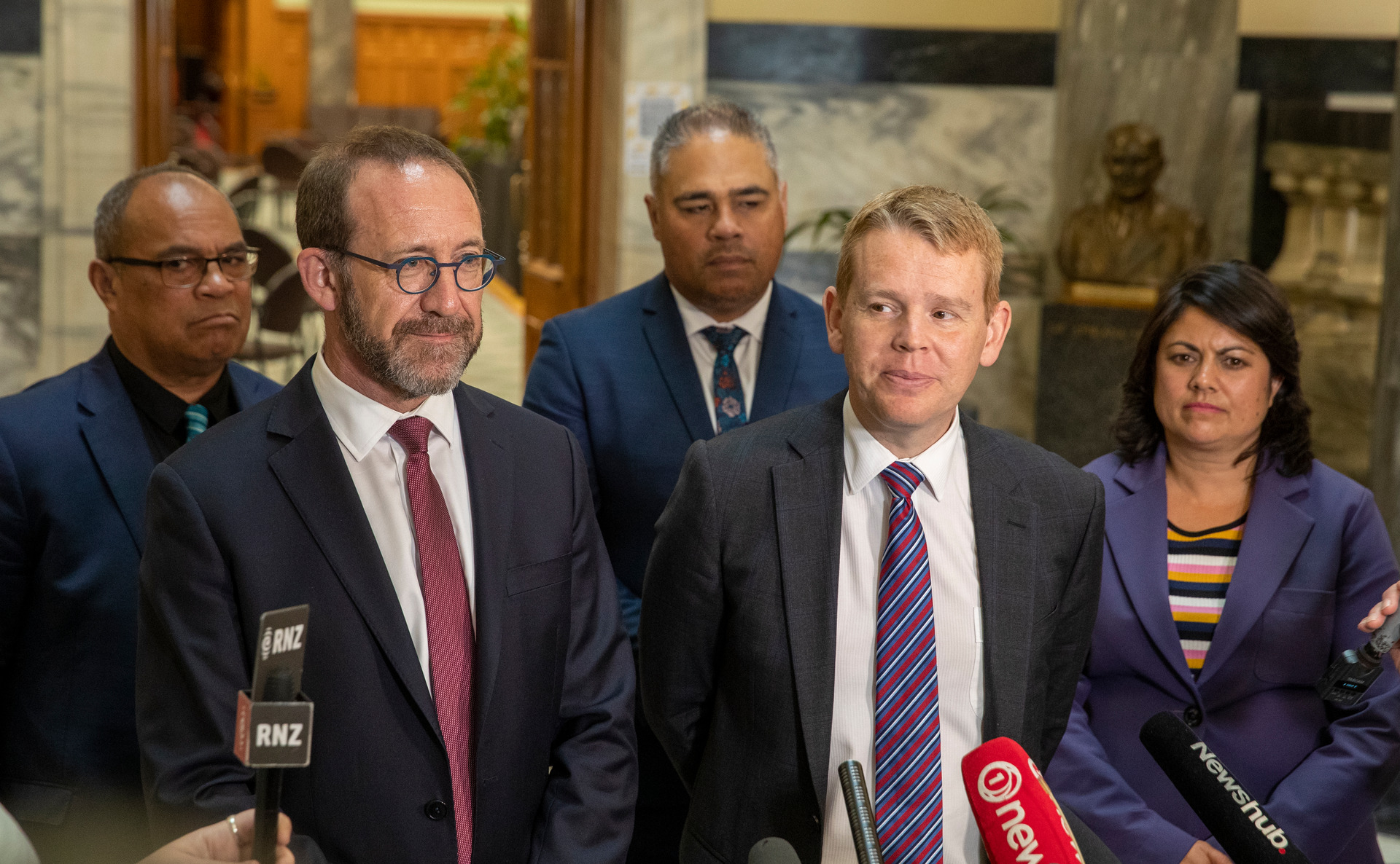 Aupito William Sio, Andrew Little, Peeni henare, Chris Hipkins and Ayesha Verrall during their press conference at Parliament, Wellington on 2 November, 2020. Photo / Mark Mitchell