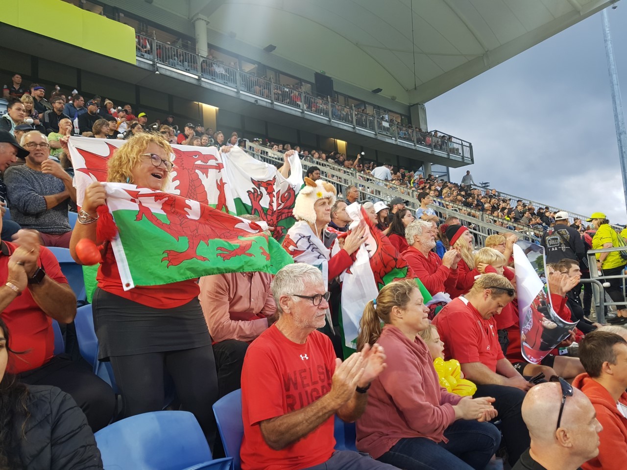 Welsh fans get behind their team during their Women's Rugby World Cup quarter-final against the Black Ferns in Whangārei on Saturday.  Photo / Mike Dinsdale
