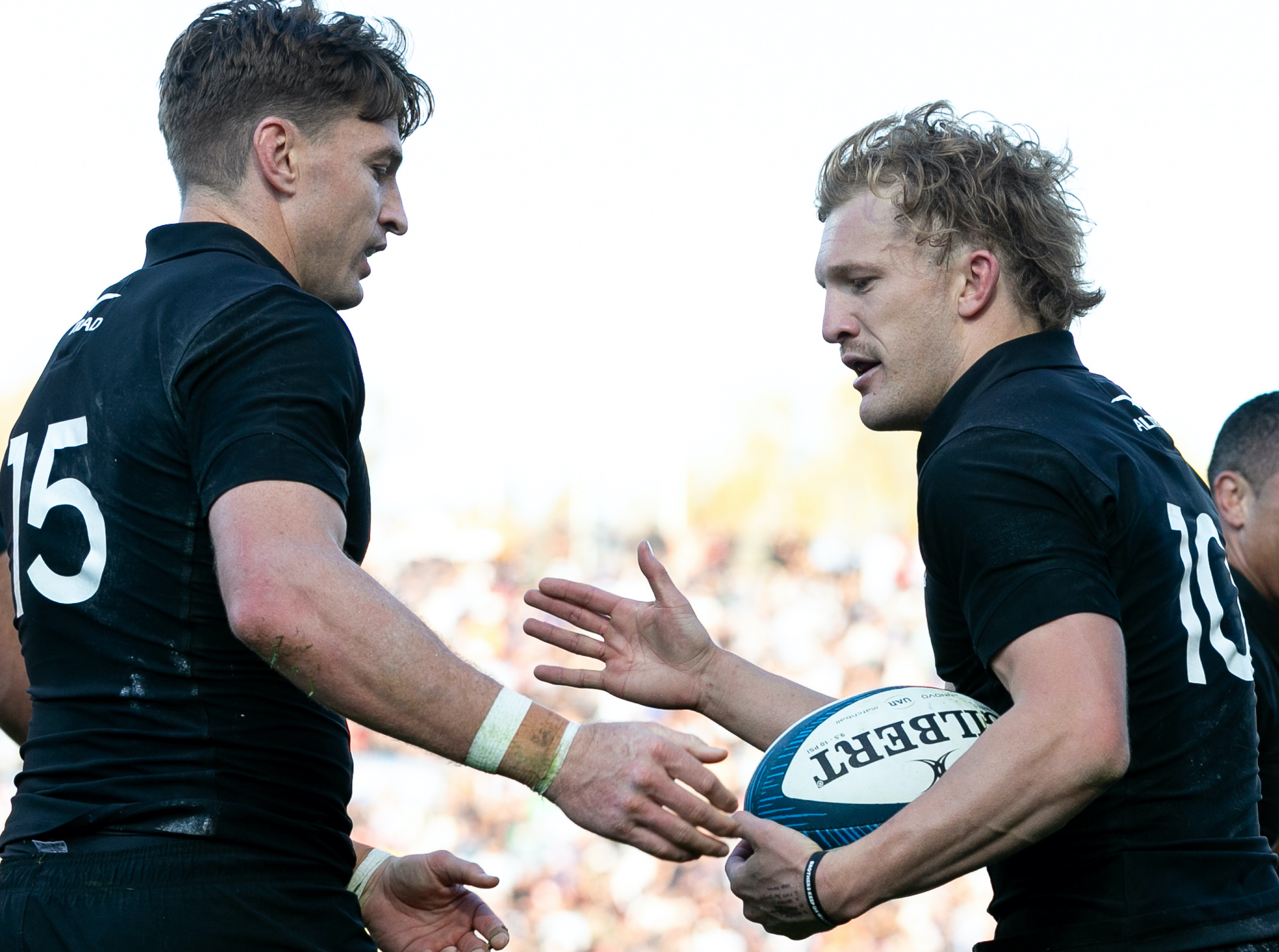 Beauden Barrett (left) and Damian McKenzie can both run comfortably at No 10 or No 15. Photo / photosport.nz