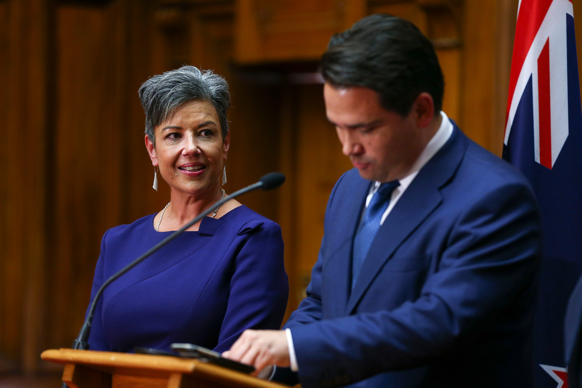 Former National Party Leader Simon Bridges, flanked by his former deputy Paula Bennett, talking to media after losing his leadership. Photo / Getty Images
