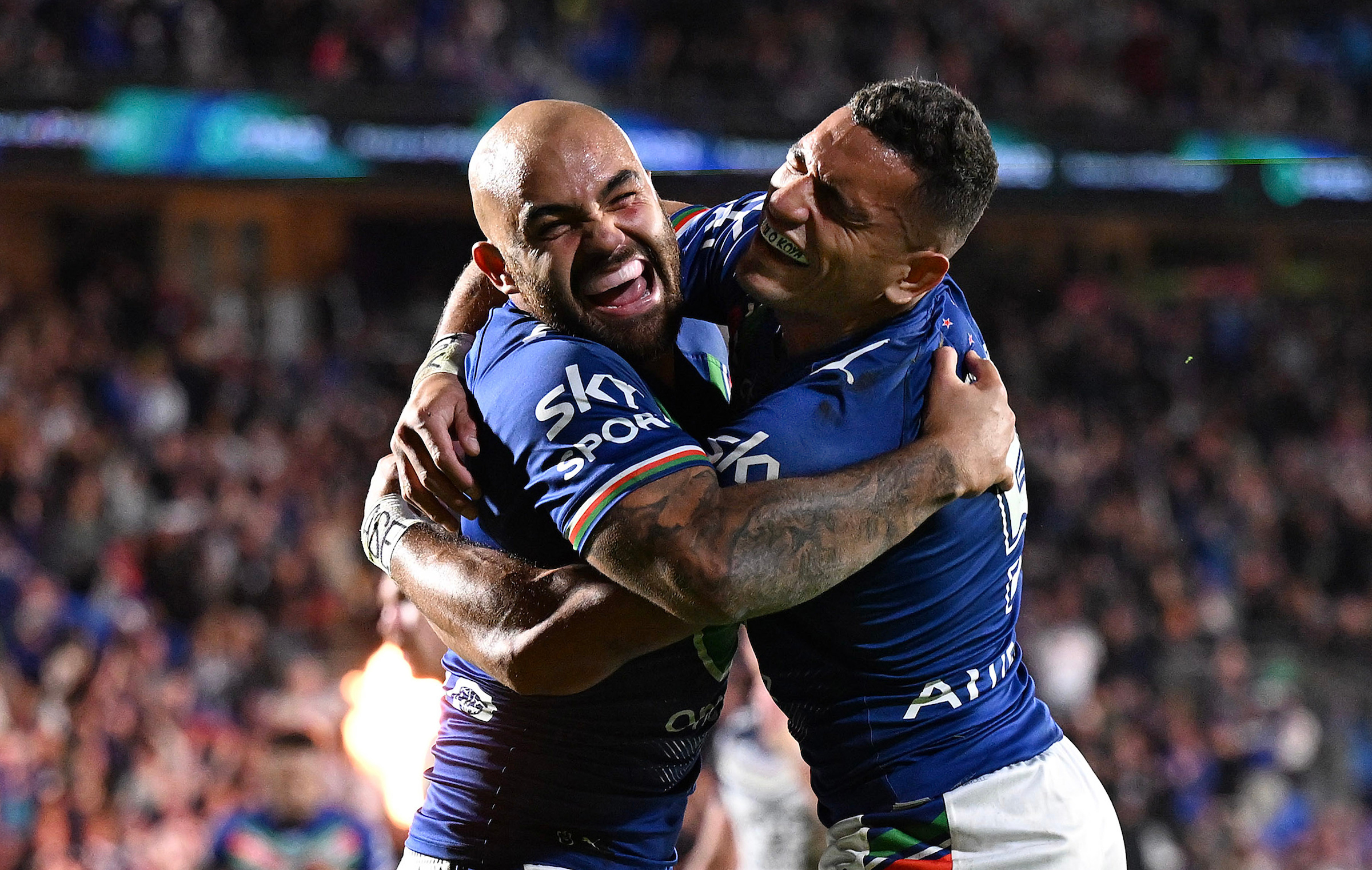 Dylan Walker celebrates a try with Marcelo Montoya. Photo / photosport.nz