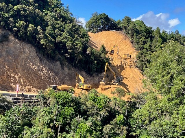 Excavators at work near Waterfall Corner in the Brynderwyn Hills as part of fast-tracked roading resilience work being undertaken.