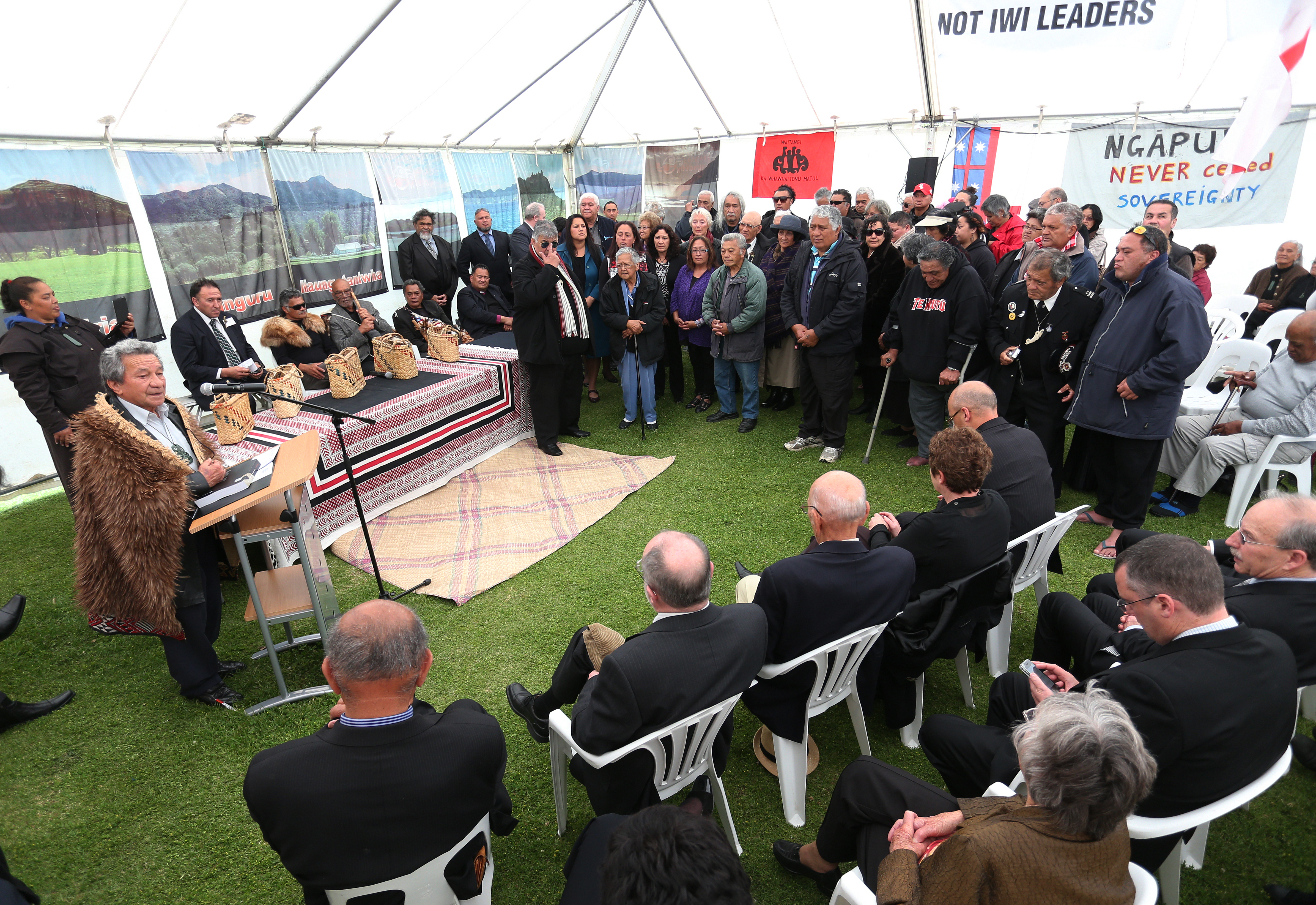Dr Patu Hohepa addresses claimants and the Waitangi Tribunal in 2014 at the release of the stage one report. Photo /  Michael Cunningham