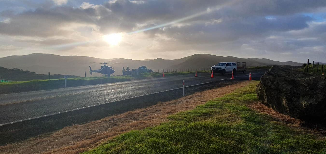 Helicopters resumed fighting the fire with monsoon buckets at first light on Wednesday. Photo / Ngāti Kuri