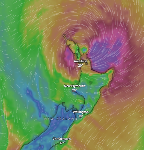 The projected track of Cyclone Vaianu at 9am on Sunday. Image / Windy.com