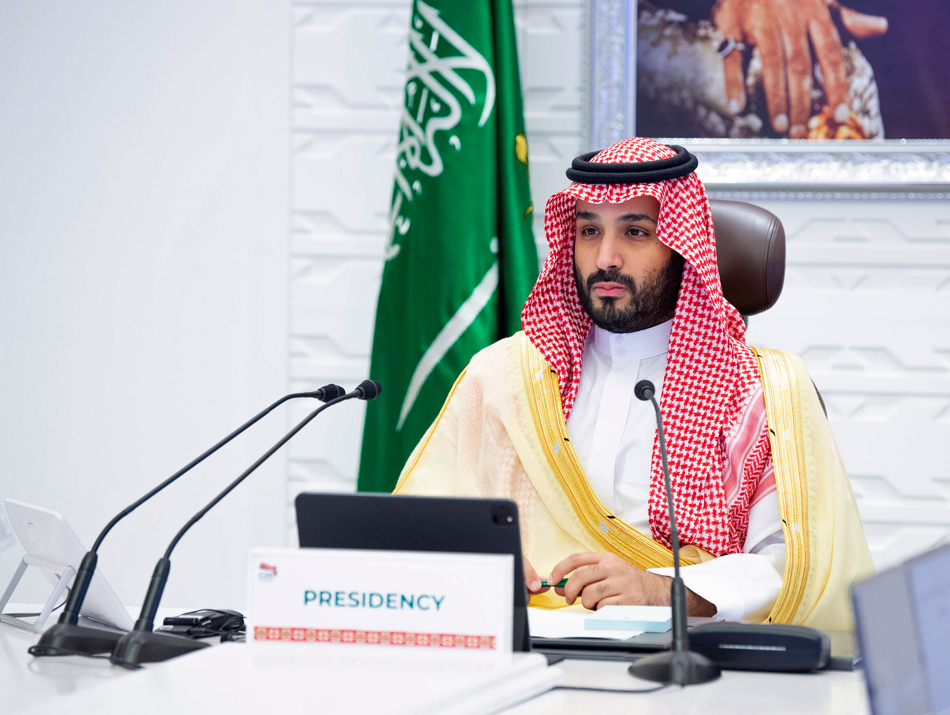 Saudi Arabia's Crown Prince Mohammed bin Salman attends a virtual G-20 summit by video conference, in Riyadh, Saudi Arabia. Photo / Bandar Aljaloud, Saudi Royal Palace via AP