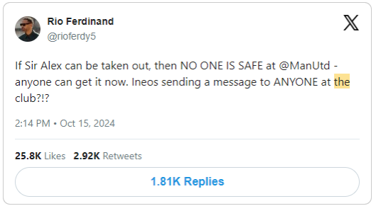 Former Manchester United defender Rio Ferdinand makes his feelings known regarding his former manager's removal from his role at the club. Photo / Twitter @rioferdy5