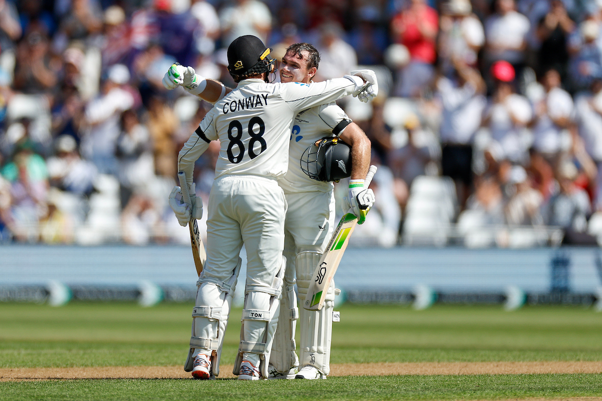 Tom Latham and Devon Conway both scored centuries on day one of the third test between the Black Caps and England, in Nottingham. Photo / Photosport