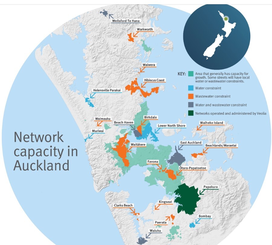 The map Watercare released this month showing restricted areas. Image / Watercare