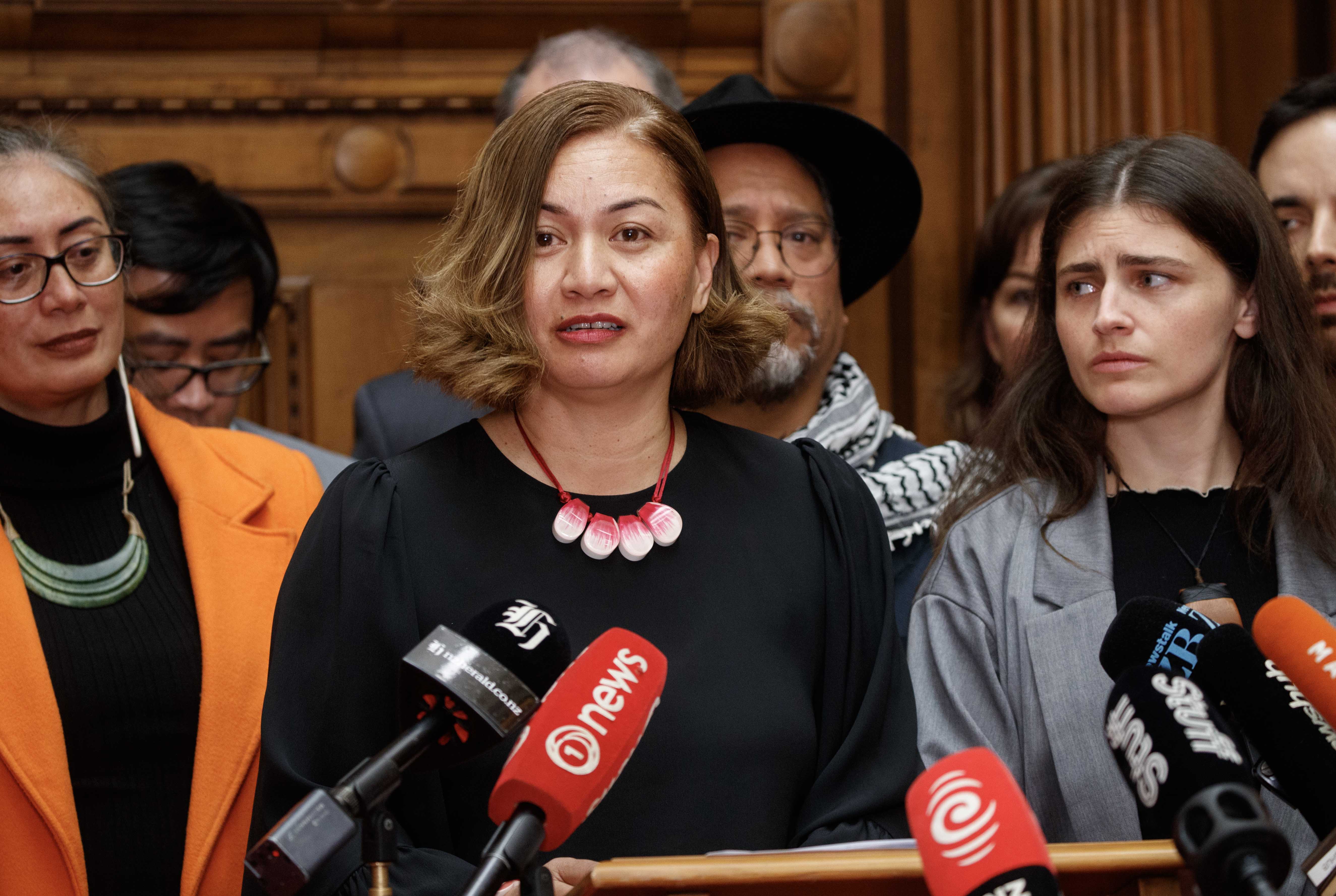Greens co-leader Marama Davidson announcing her breast cancer diagnosis in June. Photo / Mark Mitchell   