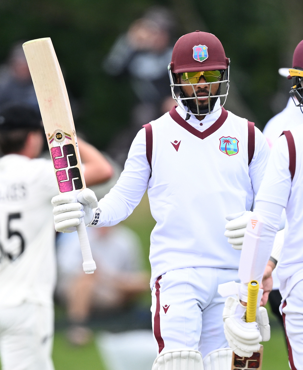 Shai Hope celebrates his half-century against the Black Caps in Christchurch. Photo / Photosport
